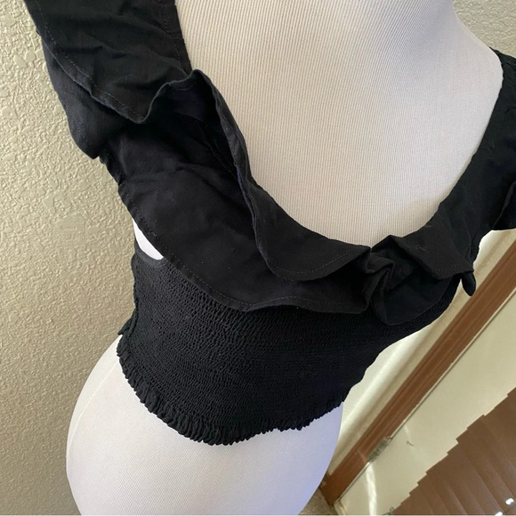 Maeve Anthropologie Smock Top Ruffle Neck Off The Shoulder Black Blouse: 6 - Picture 4 of 12